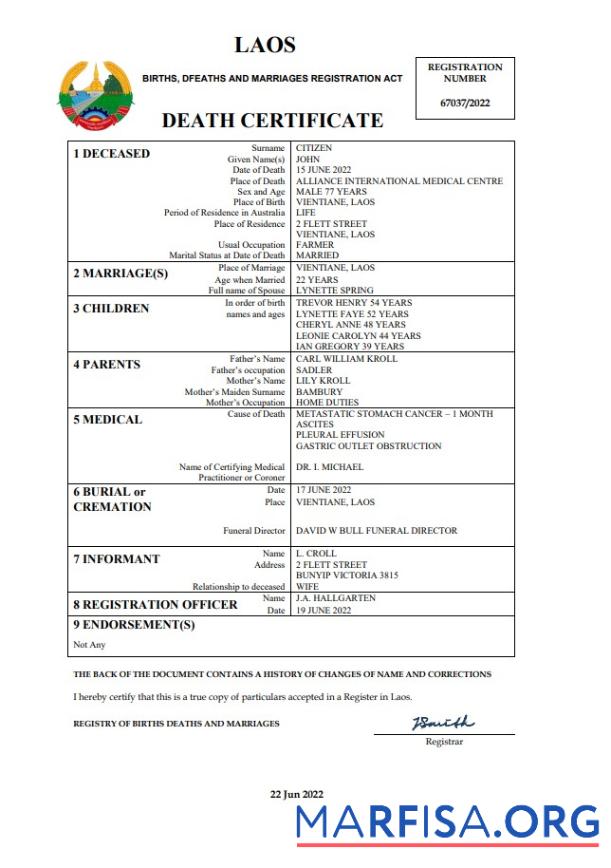 Printable Laos vital record death certificate Word and PDF template